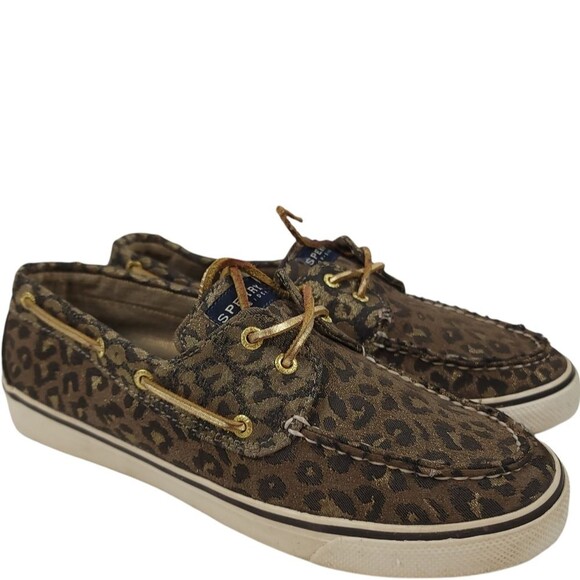 Sperry Top-Sider Sparkly Shimmer Leopard Cheetah Canvas Deck Loafers Shoe Sz 8.5 - Picture 1 of 9